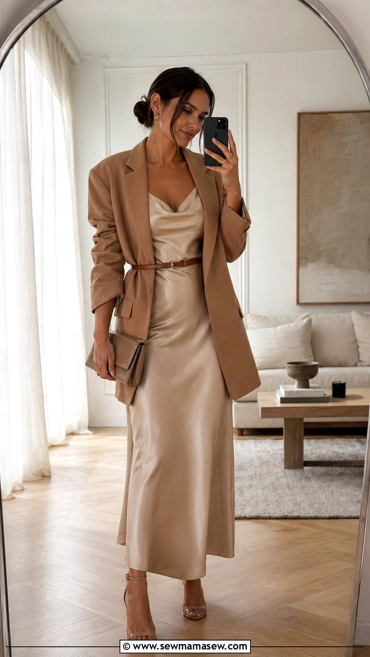 Silk Slip Dress Layered Under an Oversized Blazer - 35 Quiet luxury work outfits