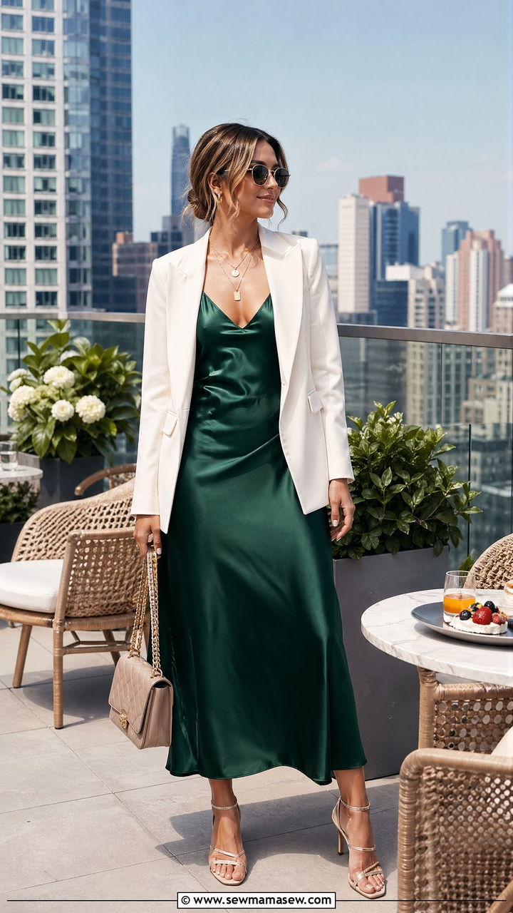 Silk Slip Dress With Blazer And Strappy Sandals Outfit - 35 Sunday brunch outfit ideas