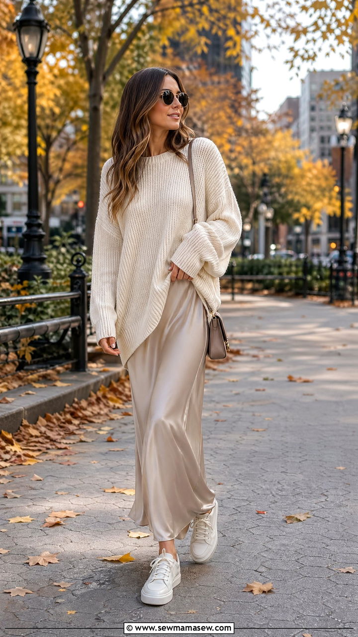 Silk Slip Dress With Oversized Sweater Outfit - 35 casual outfits for tall women