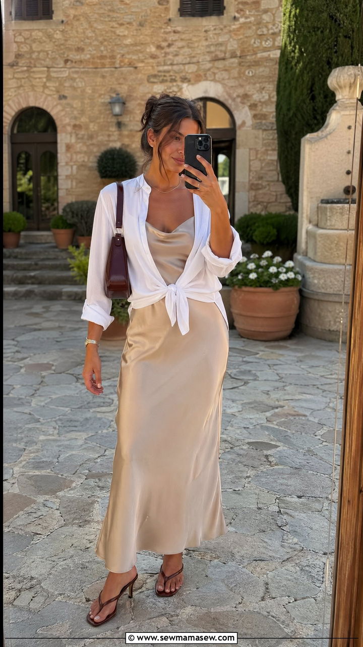 Silk Slip Dress and White Button Up - 35 Tuscany vacation outfit ideas