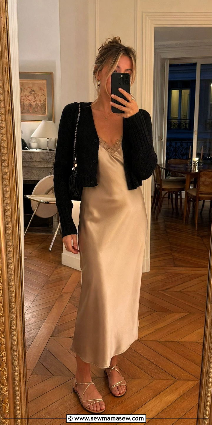 Silk Slip Dress with Cropped Cardigan and Strappy Sandals - 35 Paris outfits for women