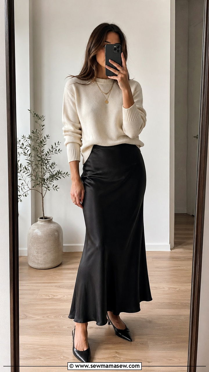 Silk Slip Skirt With Knit Sweater - 30 Spring capsule wardrobe Parisian