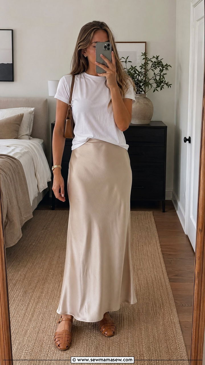 Silk Slip Skirt and Tucked In Tee Scandi Summer Look - 35 summer scandinavian outfit ideas