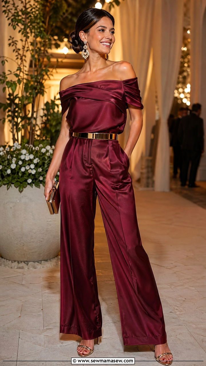 Silk Wide Leg Pants With Off Shoulder Top for Cocktail Wedding - 35 Wedding guest wide leg pants outfit ideas