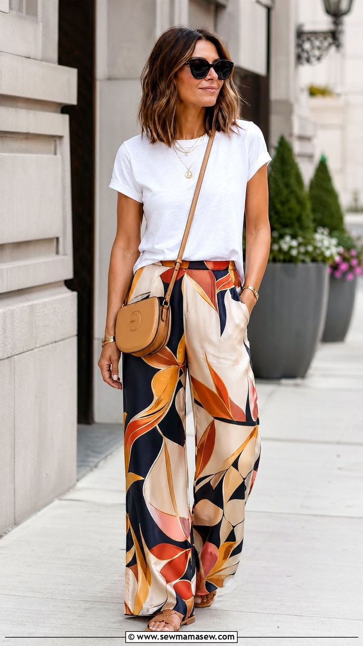 Silk Wide Leg Pants and Simple Tee - 35 Summer capsule wardrobe for moms