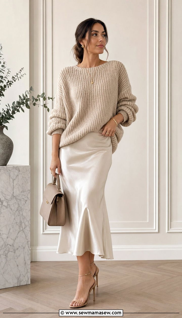 Silk bias skirt with chunky knit sweater outfit - 35 Quiet luxury outfit ideas