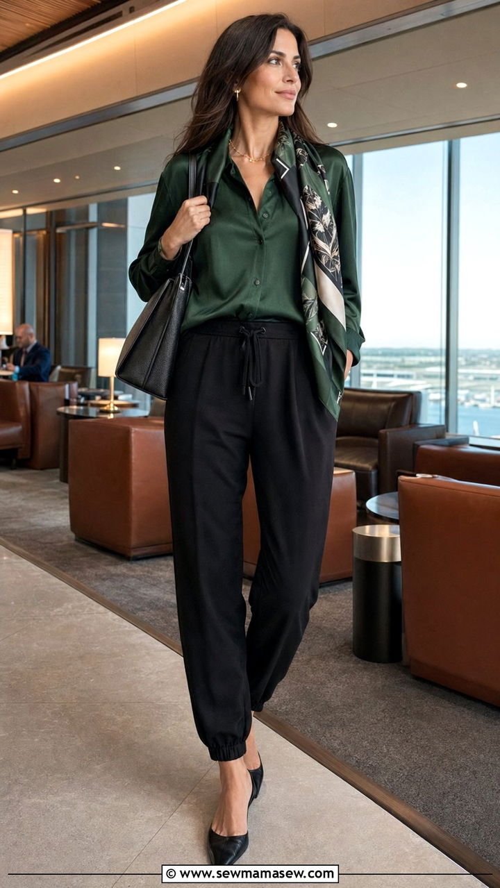 Silk blouse and tailored joggers with a draped scarf - 30 Airport outfit ideas with a scarf