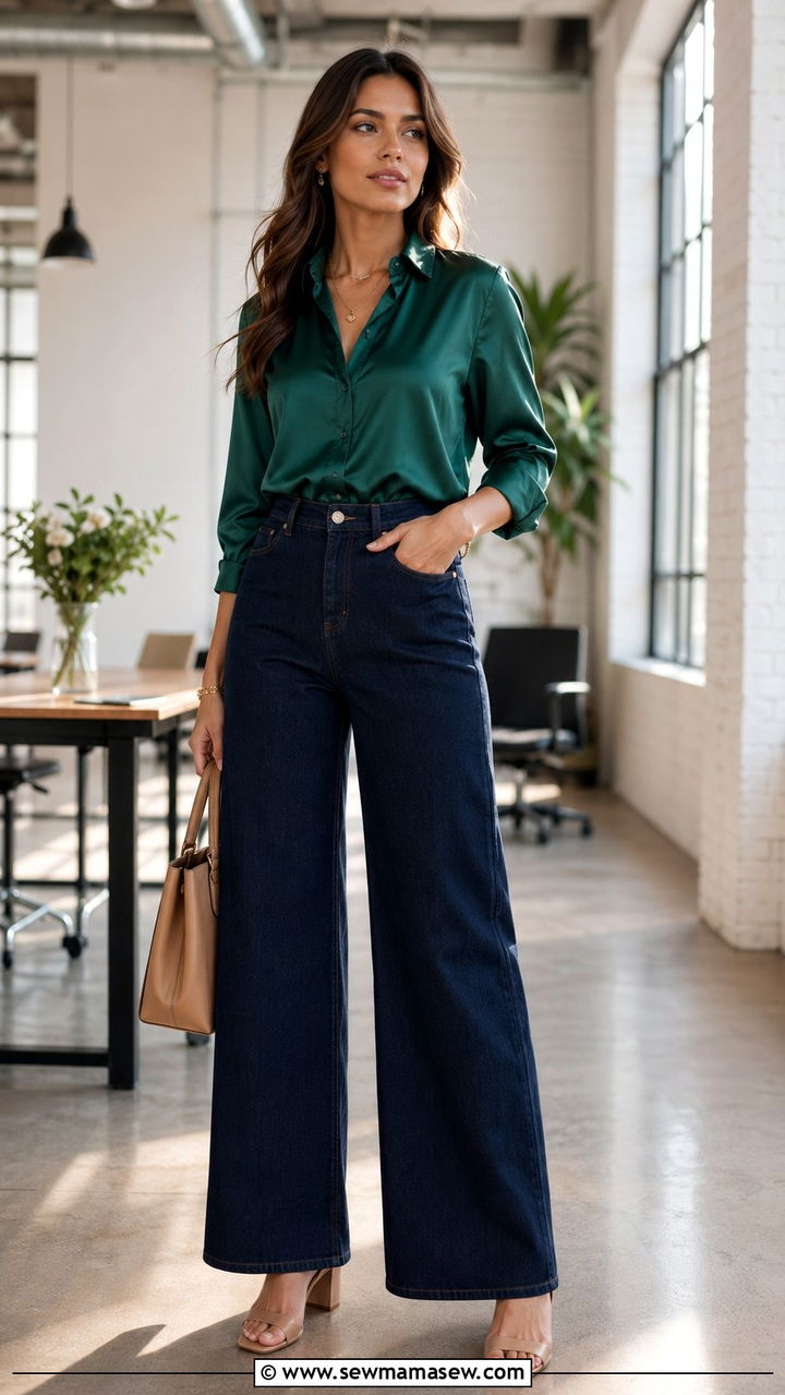 Silk blouse and wide leg jeans for work - 30 Work outfits with jeans