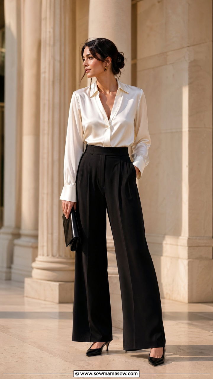 Silk blouse with black wide leg trousers interview outfit - 35 spring interview outfit ideas