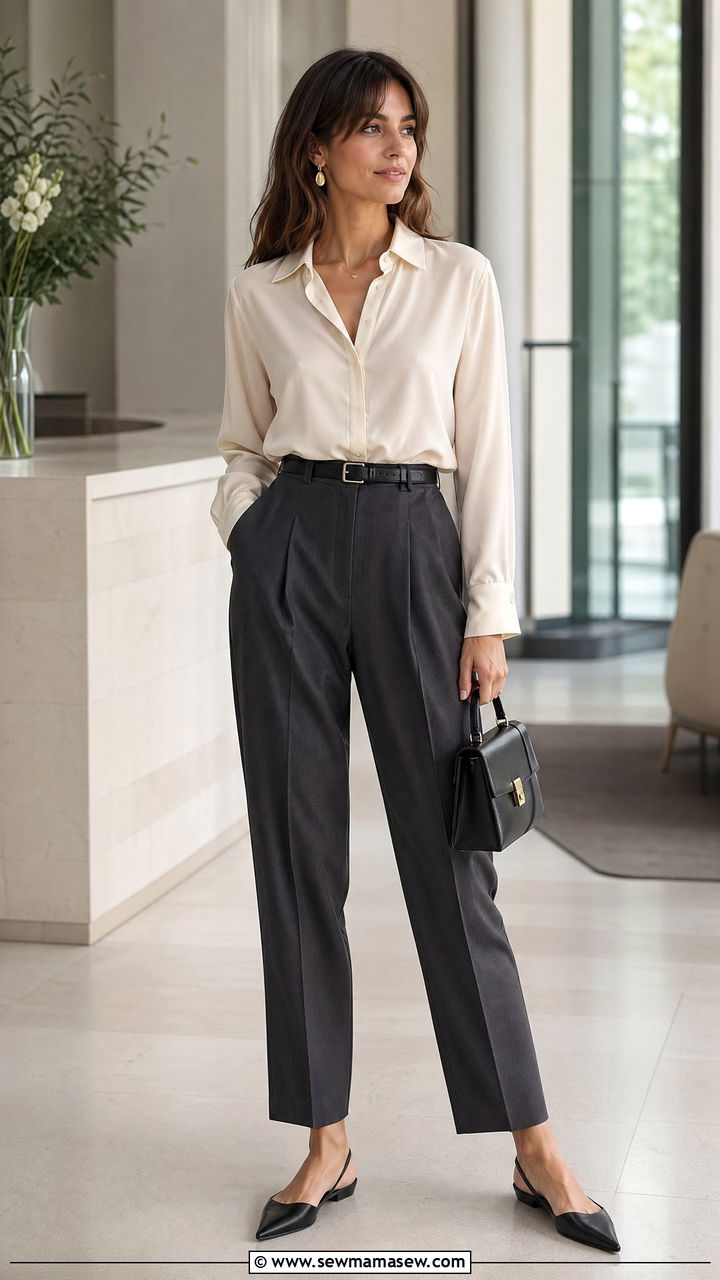 Silk blouse with high waisted pleated trousers - 35 transitional french girl outfit ideas