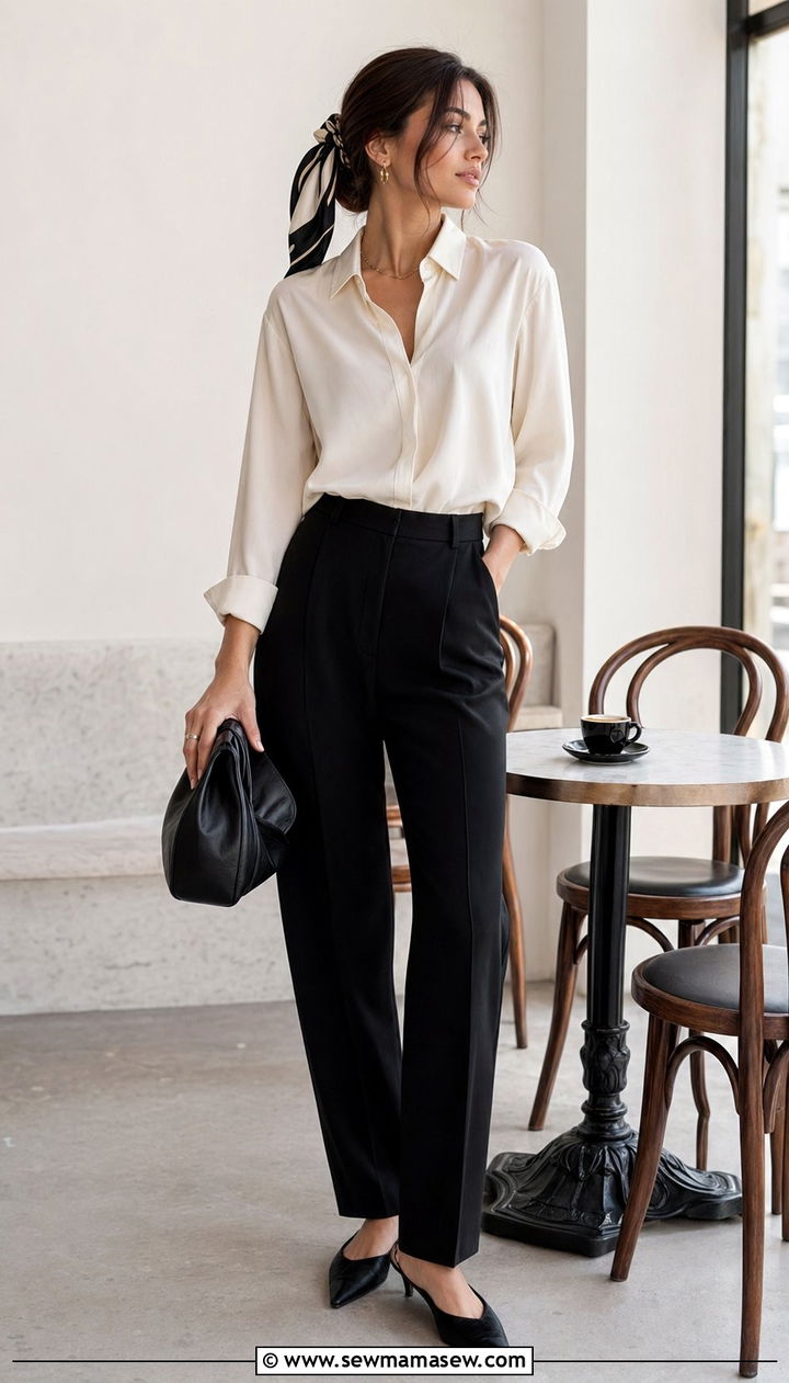 Silk blouse with high waisted trousers and pointed flats - 35 Parisian cafe outfit ideas