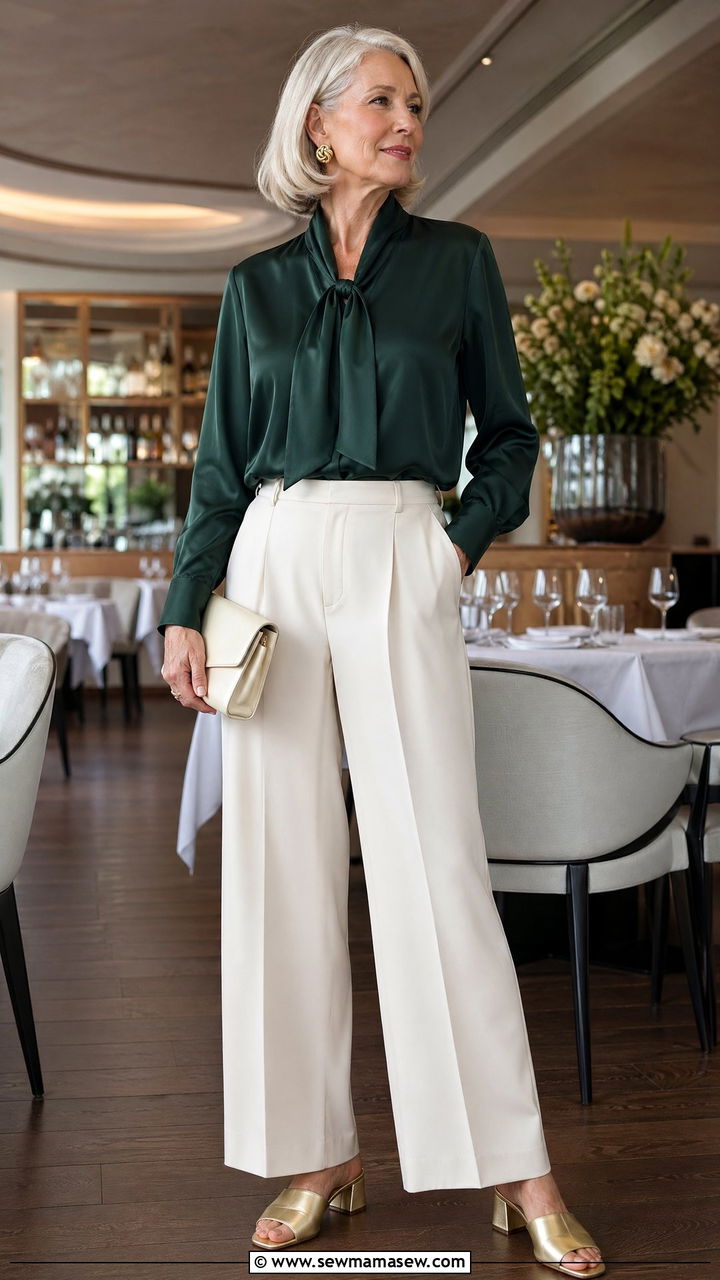 Silk blouse with high waisted trousers outfit - 35 Classy outfit ideas for women over 60
