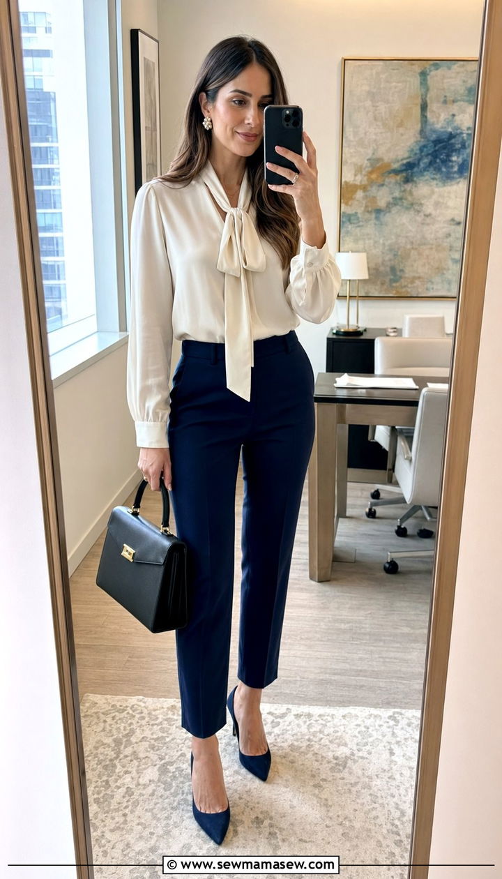 Silk blouse with tailored pants outfit - 35 Preppy outfits 2026