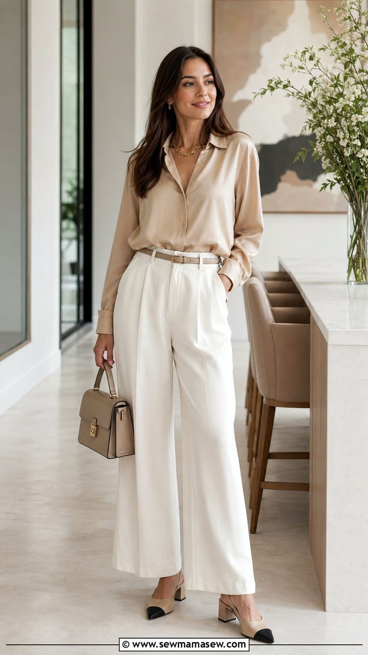 Silk blouse with wide leg trousers - 35 Quiet luxury outfit ideas for work
