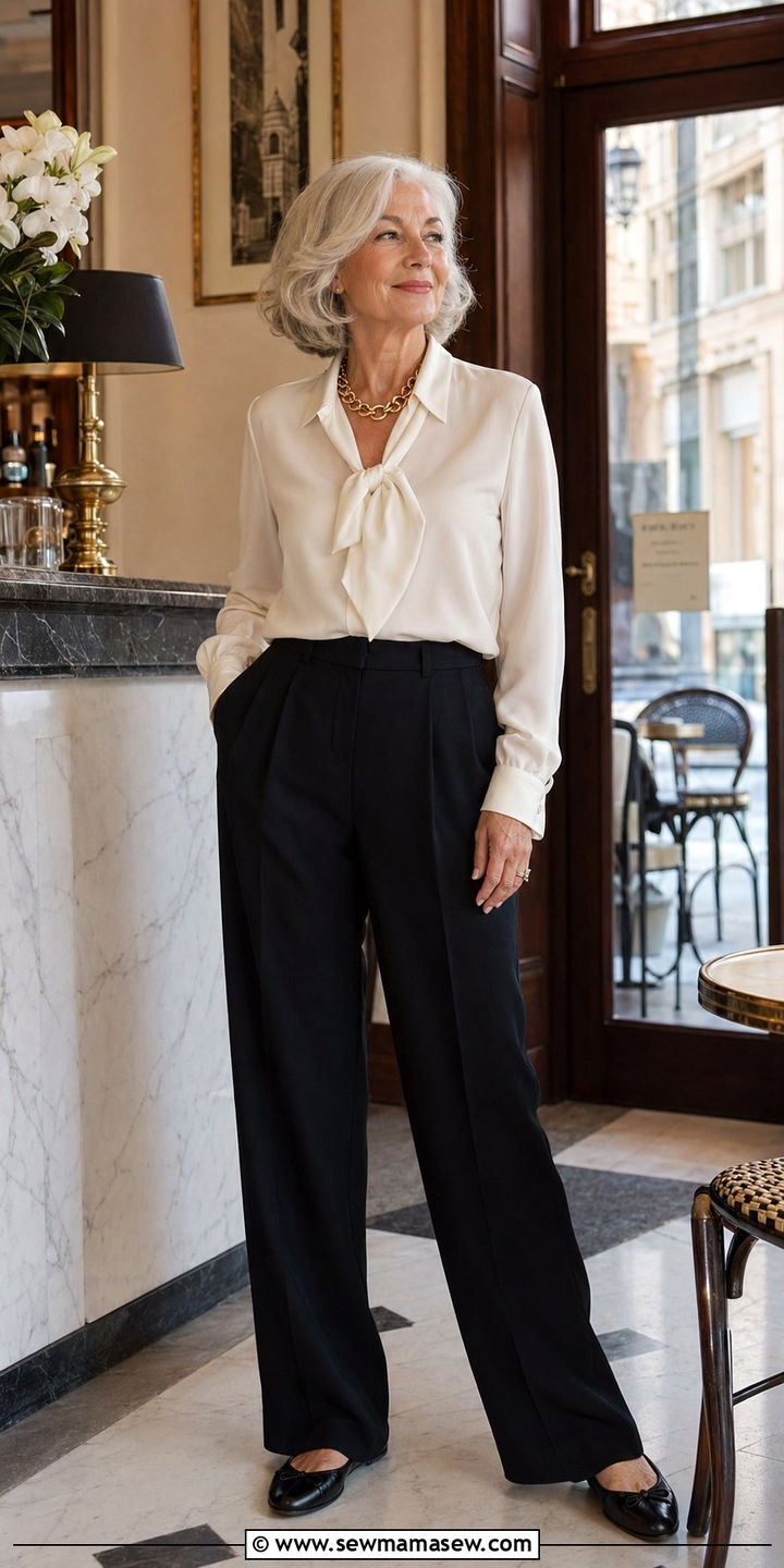 Silk blouse with wide leg wool trousers and ballet flats - 35 Old money outfit ideas for women over 60
