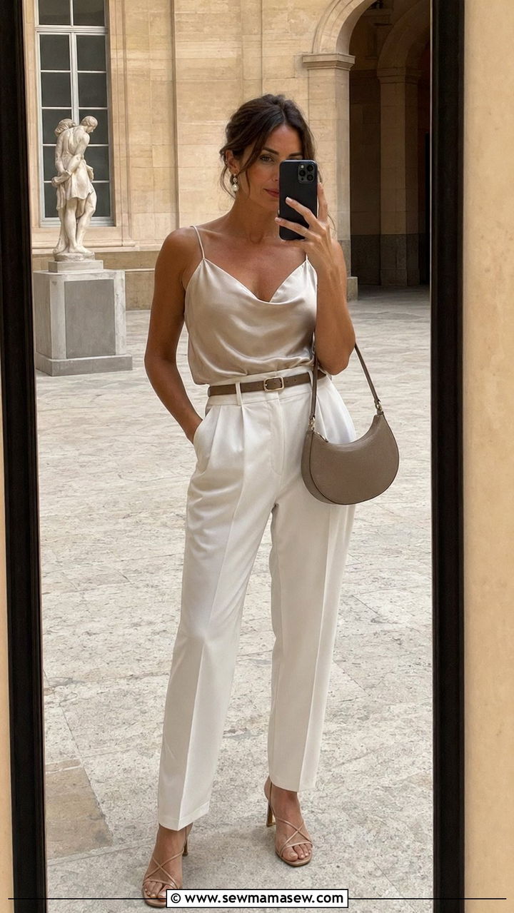 Silk camisole and high waisted pants - 30 Birthday vacation outfit ideas