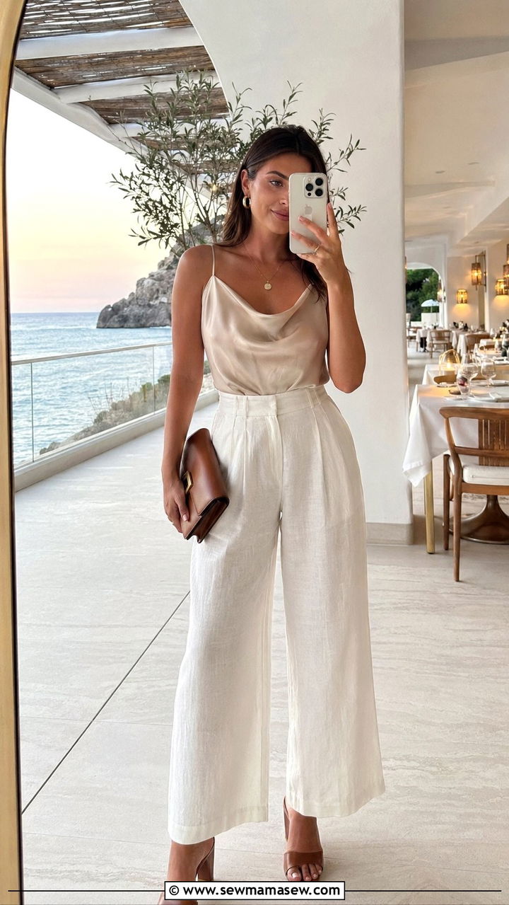 Silk camisole and wide leg pants beach dinner outfit - 30 Beach outfit ideas for dinner