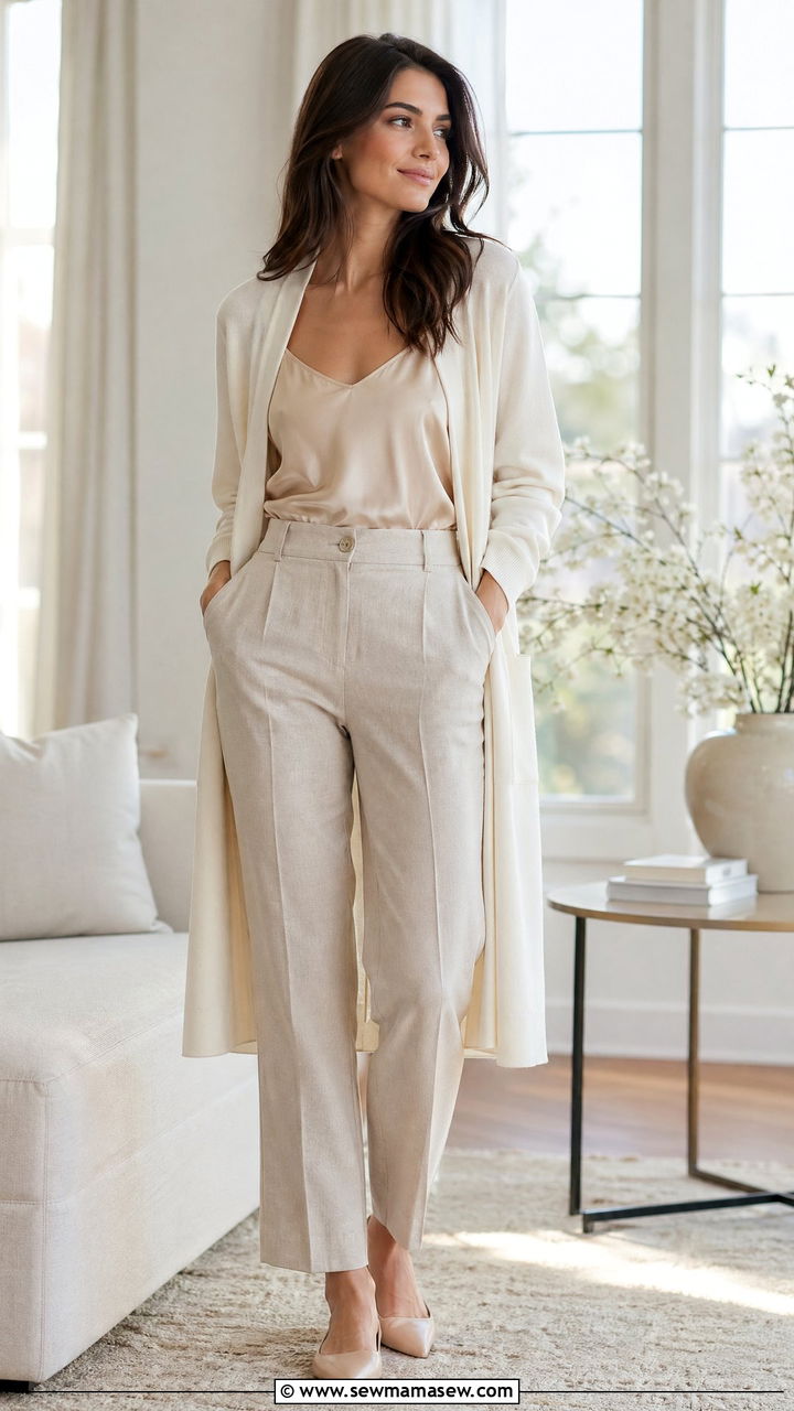 Silk camisole with cardigan and linen pants outfit - 35 spring work from home outfit ideas