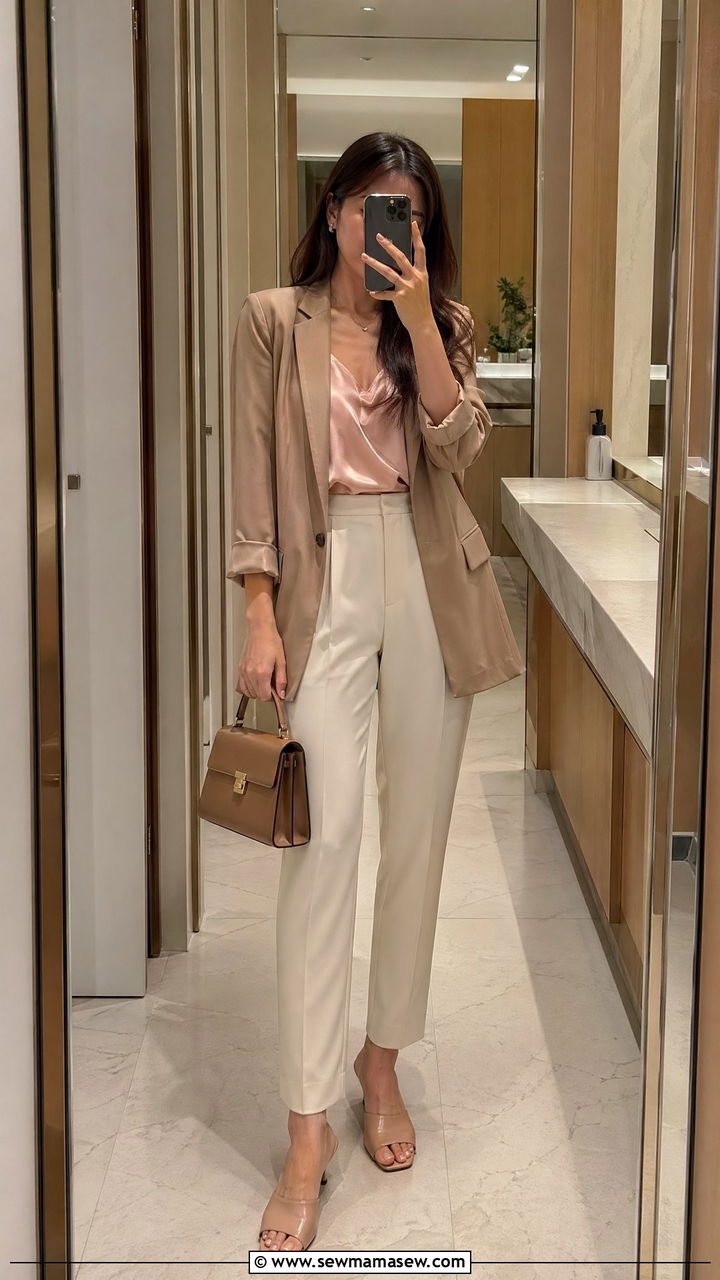 Silk camisole with tailored trousers and unlined blazer - 35 Summer office outfits