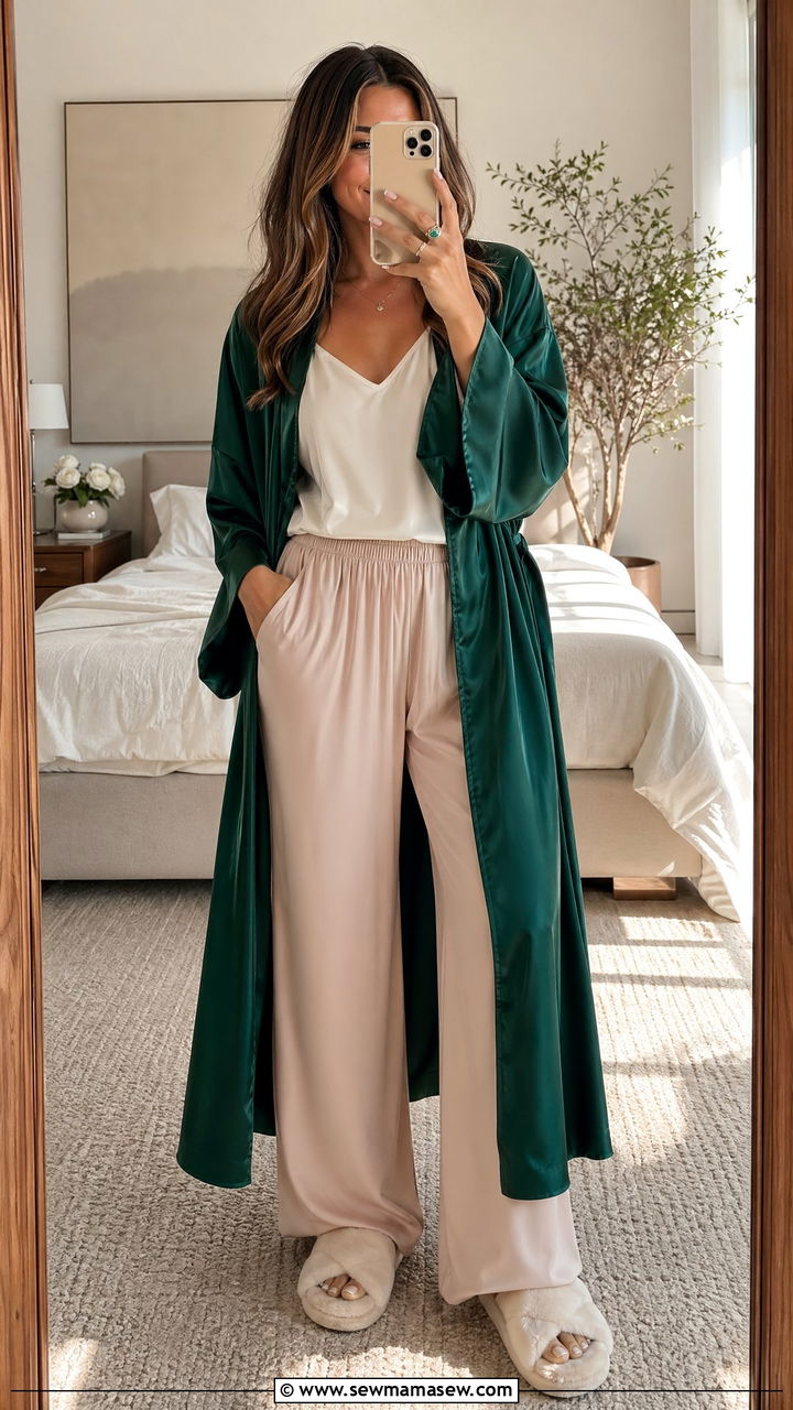 Silk kimono over a camisole and wide leg pants - 35 Chic loungewear outfit ideas
