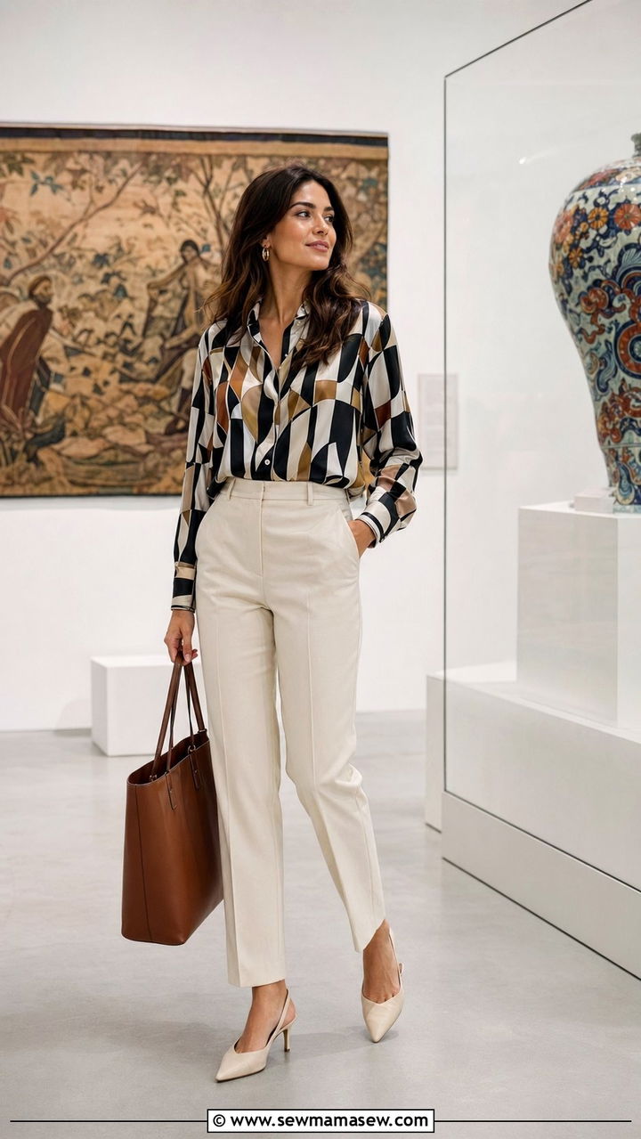 Silk scarf blouse and straight leg trousers - 35 Museum visit outfit ideas