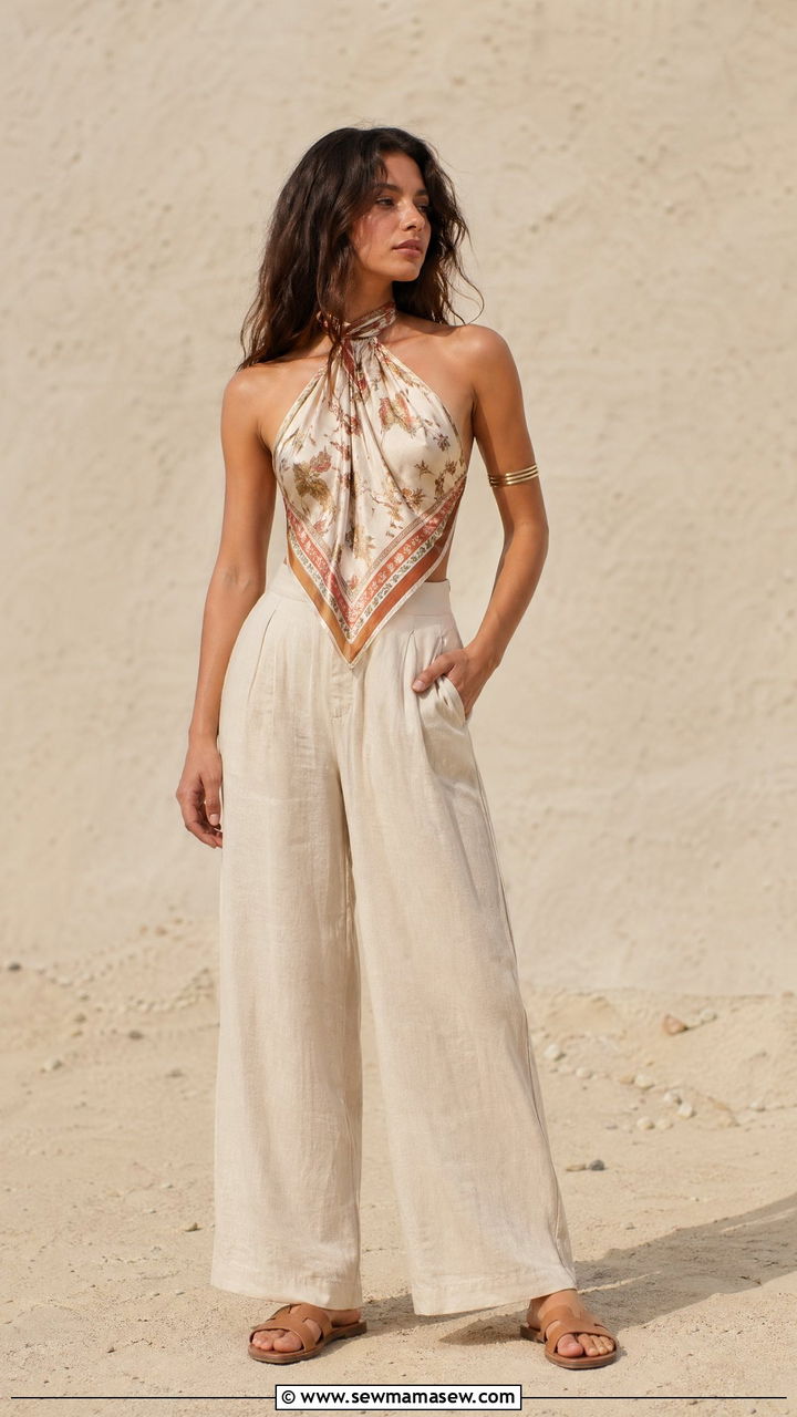 Silk scarf top with linen pants and leather slides - 35 Coachella outfits ideas