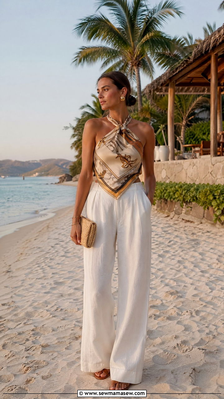 Silk scarf top with linen trousers - 35 casual old money outfits