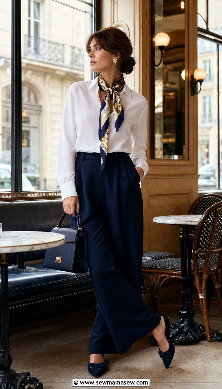 Silk scarf with a white blouse and wide leg trousers - 35 Parisian cafe outfit ideas