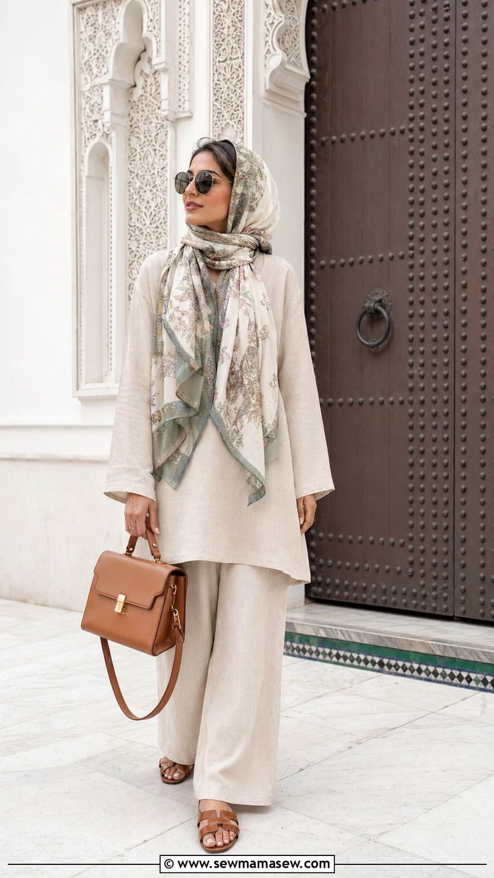 Silk scarf with linen tunic and wide leg trousers - 35 Morocco vacation outfit ideas