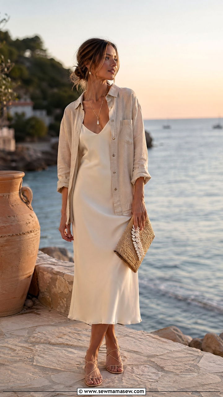 Silk slip dress and open linen overshirt coastal grandmother look - 35 coastal grandmother outfits ideas