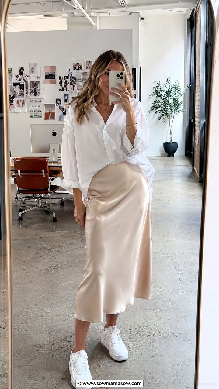 Silky Slip Midi Skirt With Oversized White Shirt And White Sneakers - 35 summer work outfit ideas