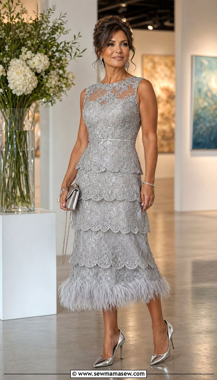 Silver Lace Overlay Dress With Feather Trim - 30 Wedding guest outfits for mom