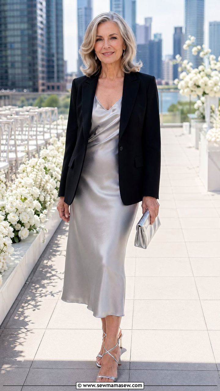 Silver Satin Slip Dress with Blazer for Wedding - 35 Wedding guest outfits for women over 50