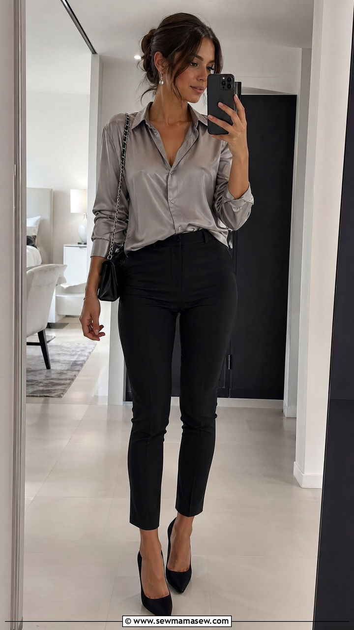 Silver grey satin blouse with black skinny trousers - 35 classy job interview outfit ideas