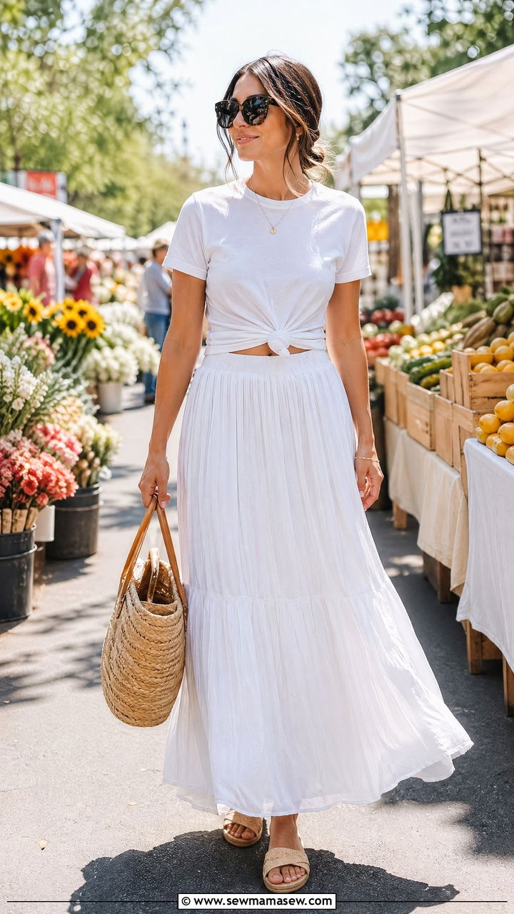 Simple Tee Knotted Over a Maxi Skirt - 35 Spring outfits in white