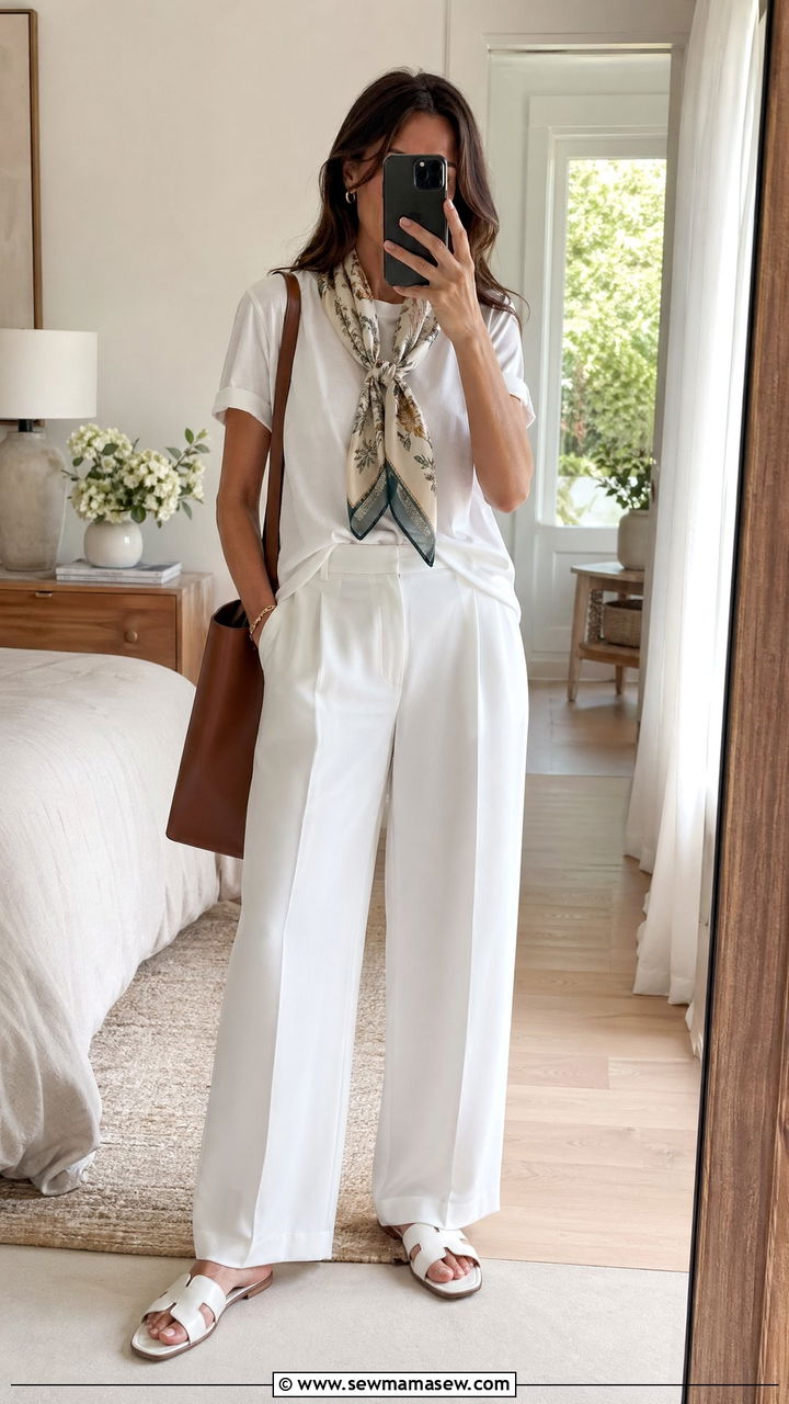 Simple Tee With Silk Scarf Tied at the Neck - 35 Spring outfits in white
