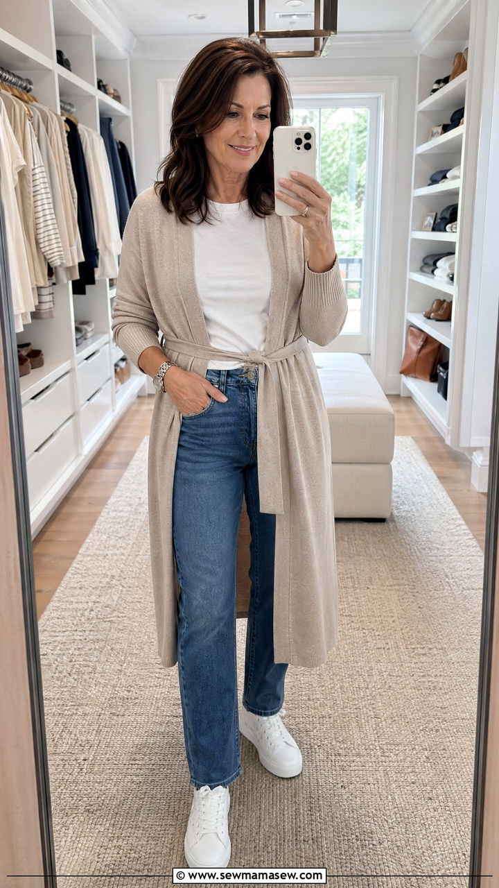 Simple Tee with Belted Cardigan and Straight Jeans - 35 spring outfit ideas for women over 50