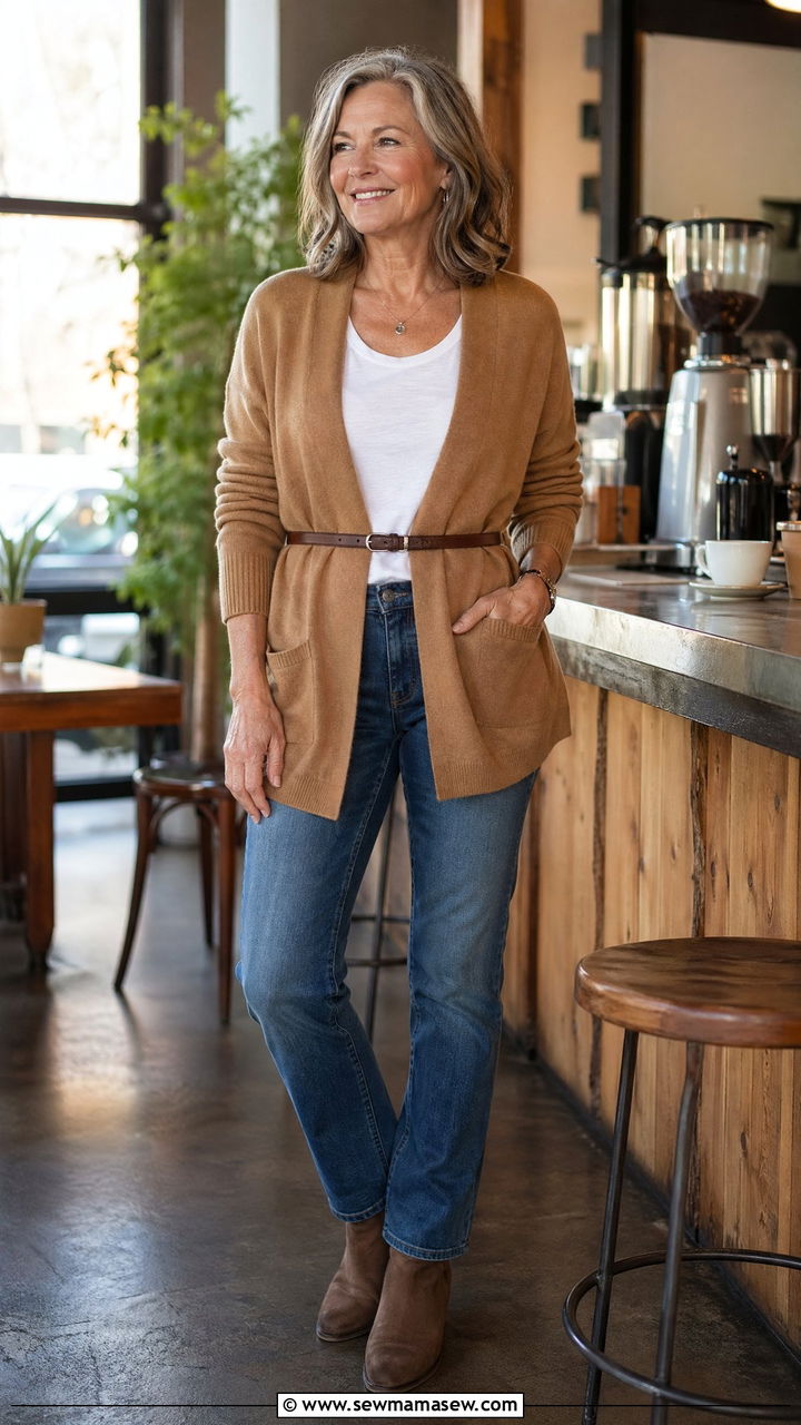 Simple Tee with Belted Cardigan and Straight Jeans - 35 Spring capsule wardrobe for women over 50