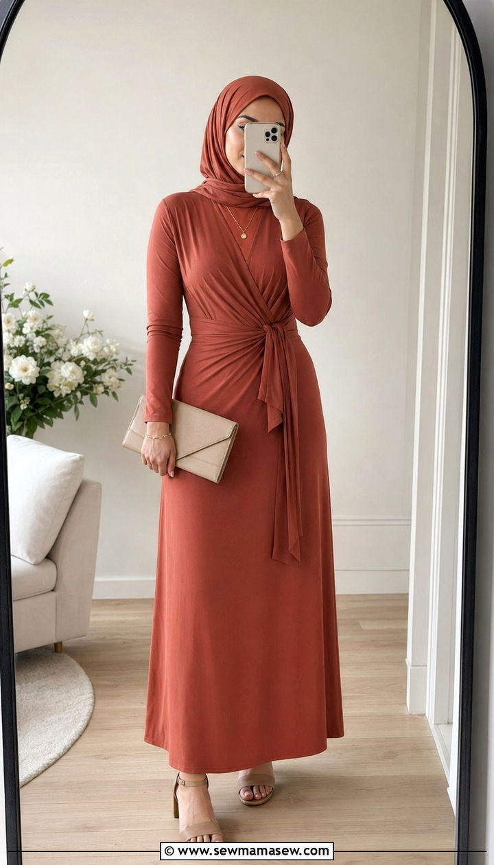 Simple Wrap Dress Styled With Coordinated Hijab - 30 wedding guest outfits for hijab women