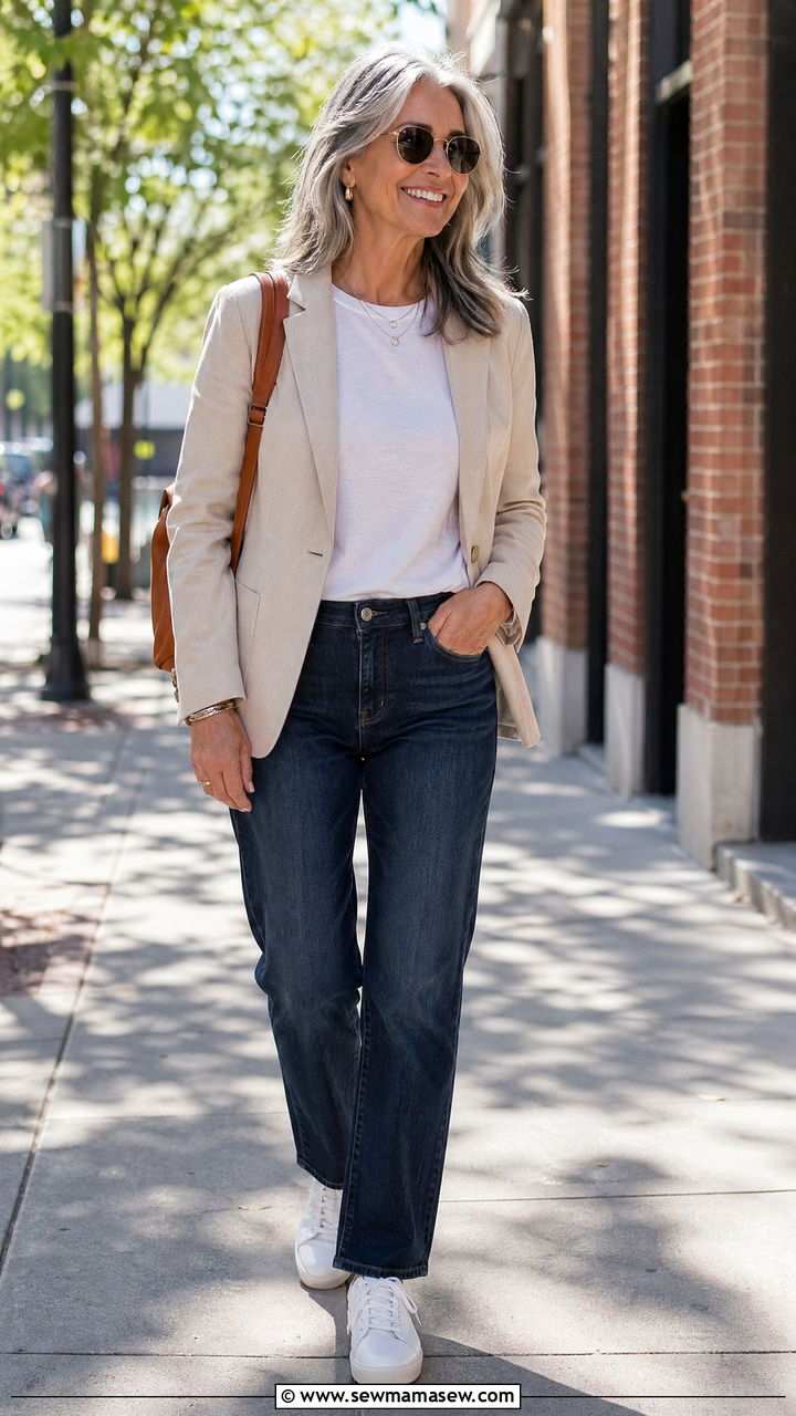 Single Breasted Blazer With Straight Leg Jeans And White Sneakers - 35 Classy outfits for women over 50