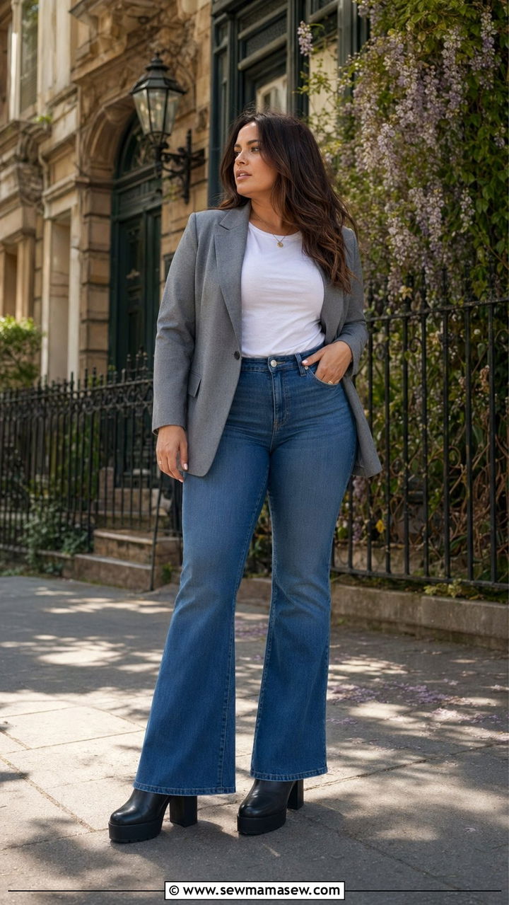 Single breasted blazer with flare jeans outfit - 30 Best blazers for curvy women