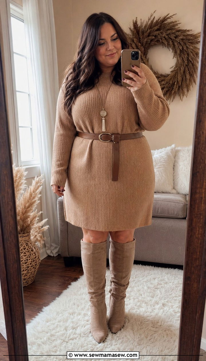 Size 20 Sweater Dress and Knee High Boots - 35 Plus size outfit ideas size 20