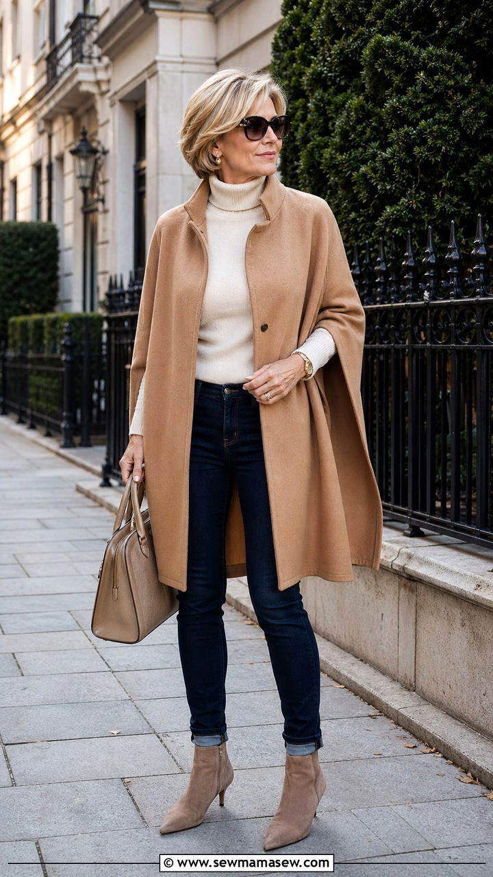 Skinny Jeans With Cape Coat and Heeled Booties - 30 skinny jeans outfits for women over 40