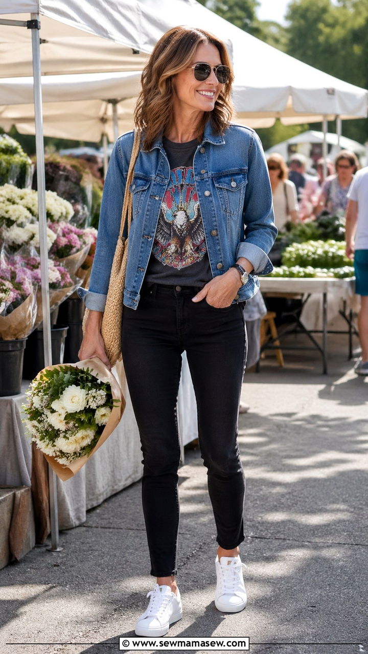 Skinny Jeans With Graphic Tee and Denim Jacket - 30 skinny jeans outfits for women over 40