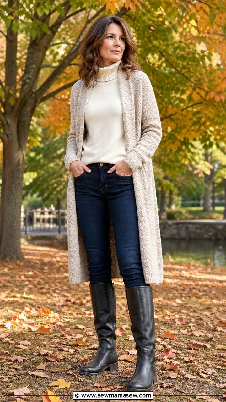 Skinny Jeans With Knee High Boots and Long Cardigan - 30 skinny jeans outfits for women over 40