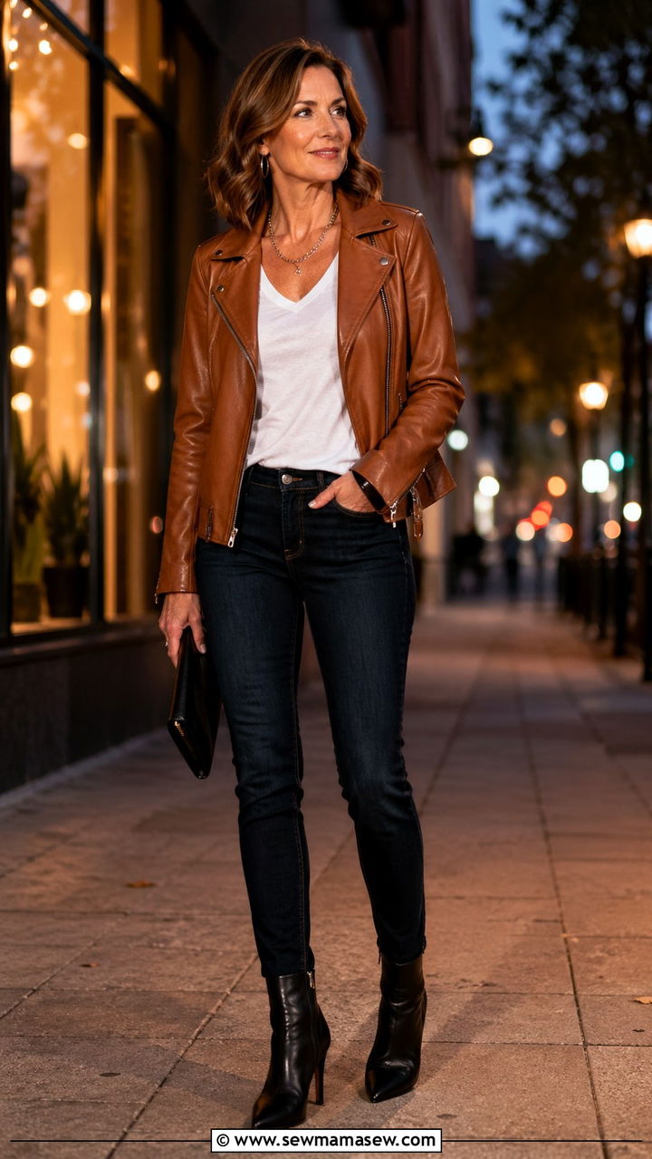 Skinny Jeans With Leather Jacket and Ankle Boots - 30 skinny jeans outfits for women over 40
