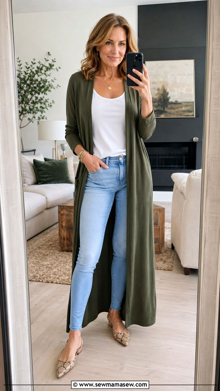 Skinny Jeans With Long Cardigan and Flats - 30 skinny jeans outfits for women over 40