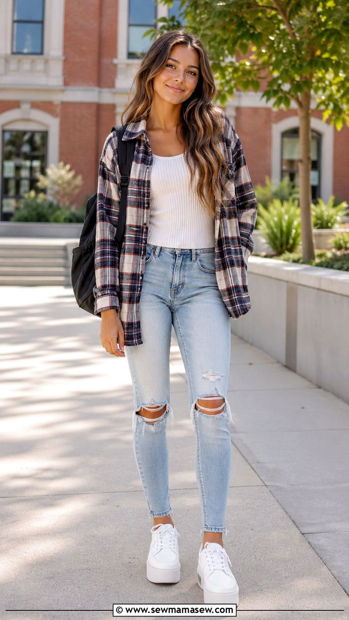 Skinny Jeans With Plaid Shirt And White Knit School Outfit - 30 school outfits inspo