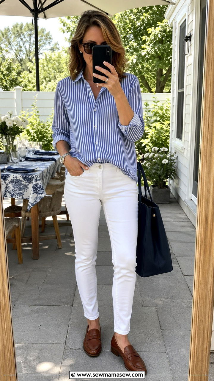 Skinny Jeans With Striped Blouse and Loafers - 30 skinny jeans outfits for women over 40