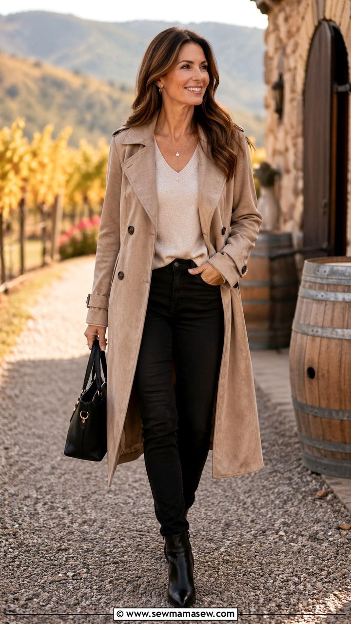 Skinny Jeans With Suede Trench and Sweater - 30 skinny jeans outfits for women over 40